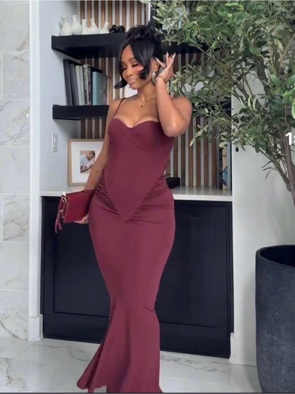 🔥🔥🔥Zara Burgundy Ruched Spaghetti-Strap Dress